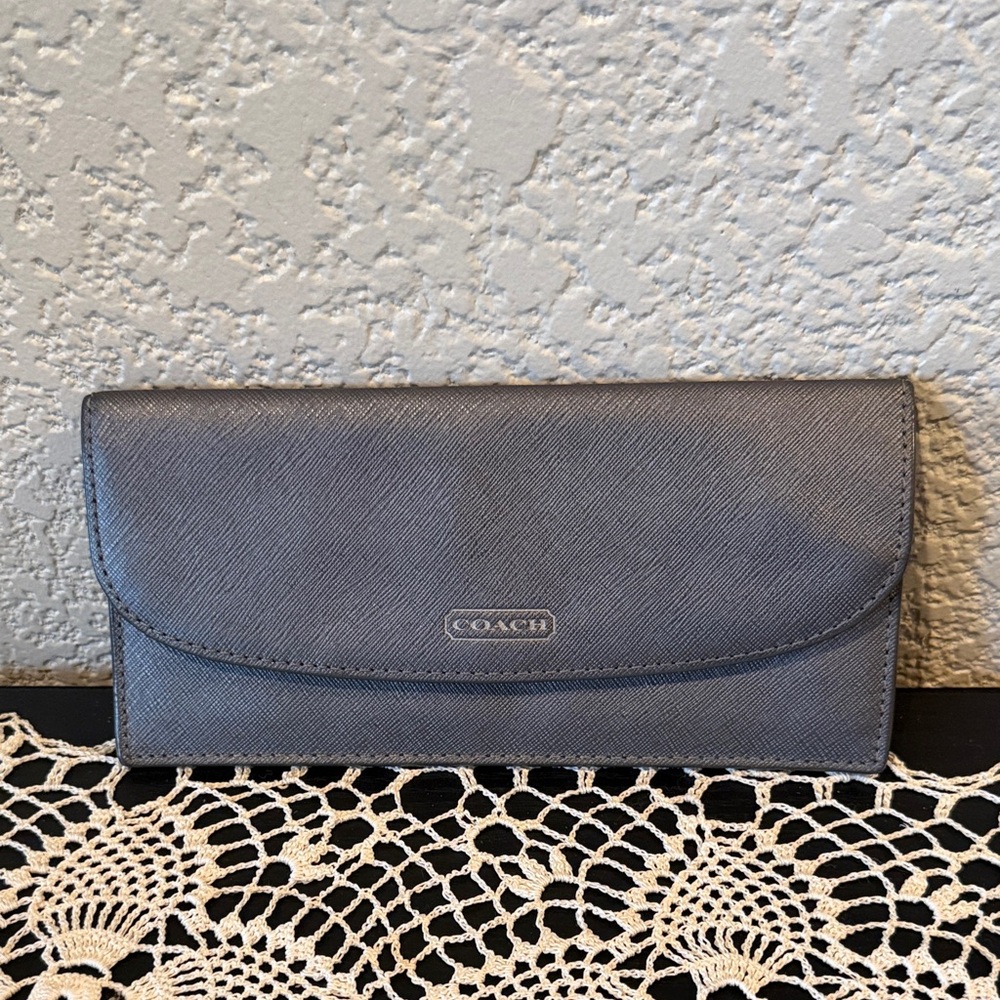 Coach Silver Gray Saffiano Leather Slim Wallet
